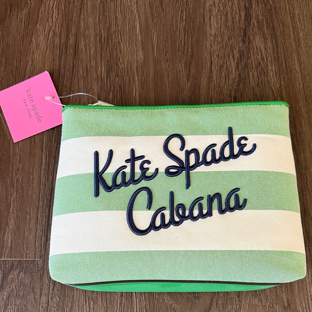 Kate Spade Cabana Green and Cream Striped Canvas Cosmetic Bag